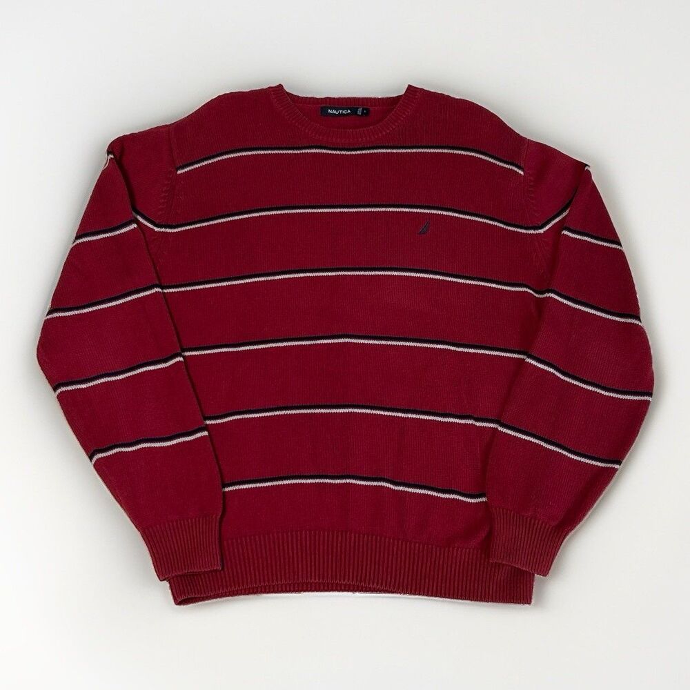 Nautica Red Sweater Blue Striped Crew Neck Pullover Knit Men's Large Vintage